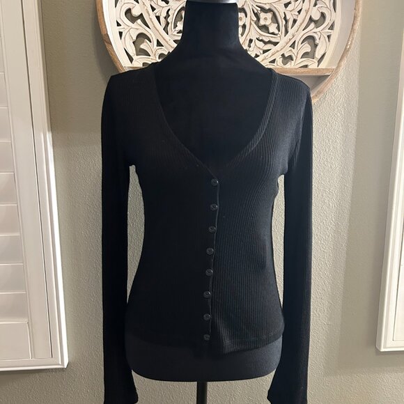 Rag & Bone The Knit Rib Cardigan Black Button Down Long Sleeve SZS Lightweight - Picture 1 of 10